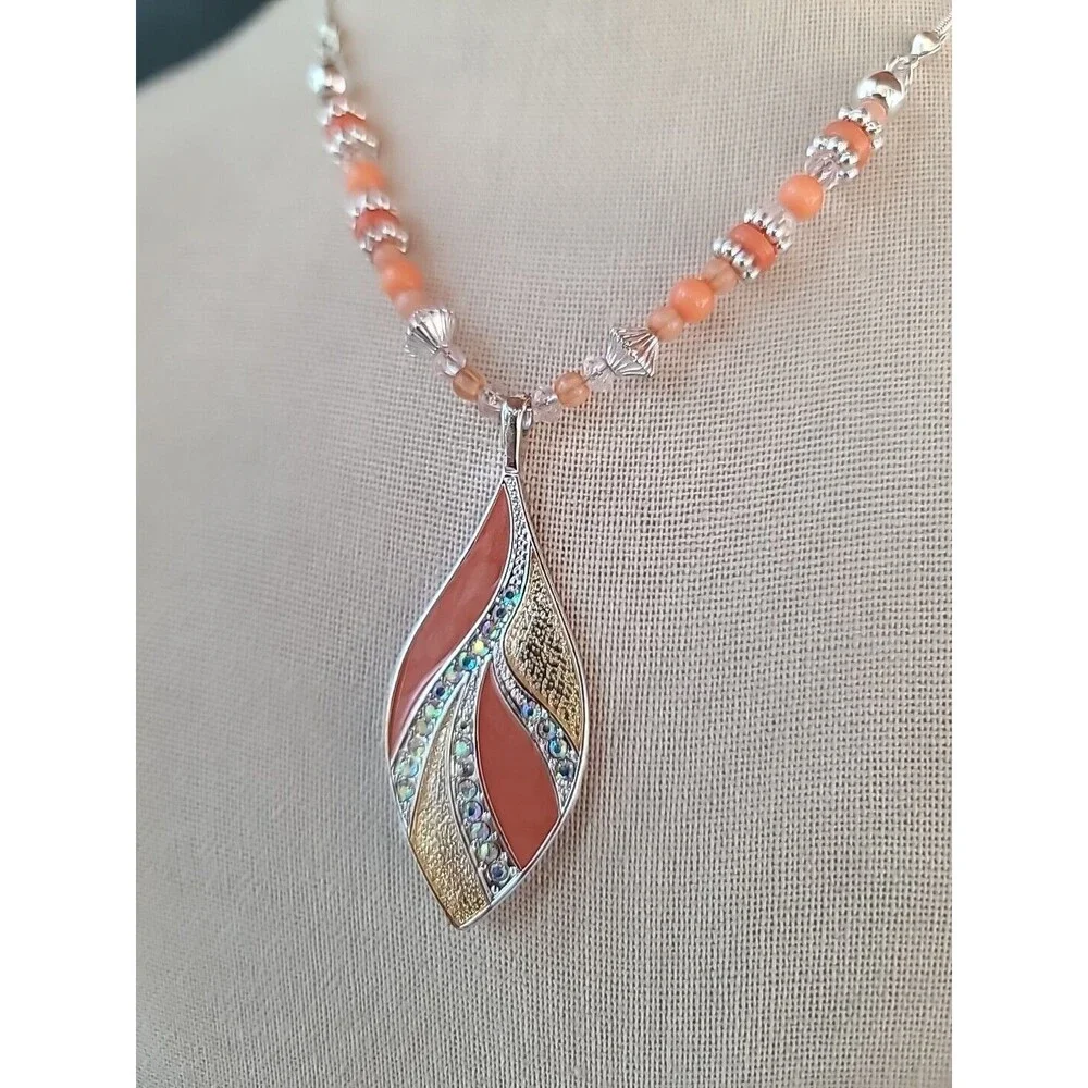 Salmon Enamel Rhinestone Beaded Leaf Pendant Adjustable Necklace